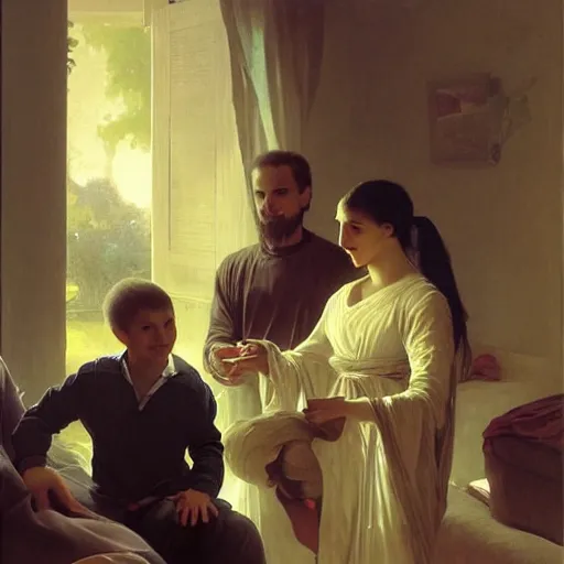 Image similar to a male patient at home with his wife and son standing by. happy, cheerful, smiling, intricate, face enhance, sharp focus, cinematic lighting, featured in artistation, 8 k, art by greg rutkowski, william adolphe bouguereau