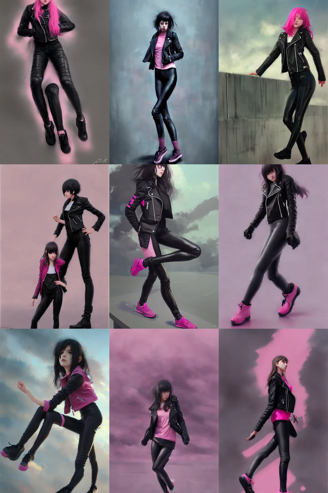 Prompt: Girl in jet black biker jacket, jet black leggins, pink shoes, matte painting, by Albert Aublet, Krenz Cushart, WLOP, Sakimichan