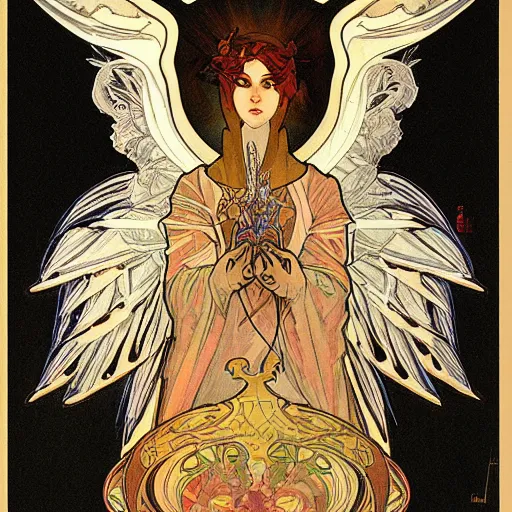 Image similar to seraphim with 6 wings covered in eyes, trending on artstation, by alphonse mucha