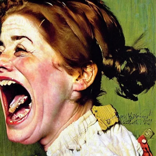 Prompt: Front portrait of a cackling punk woman. A painting by Norman Rockwell.