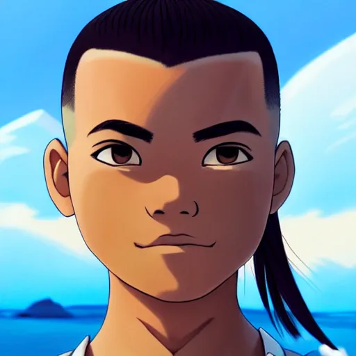 Image similar to beautiful serene intricate photograph of sokka from the water tribe as an inuit young man, dark hair, light blue eyes, smiling softly, relaxing on the beach, golden hour, soft focus, 8 k, art by irakli nadar, hyperrealism, hyperdetailed, ultra realistic