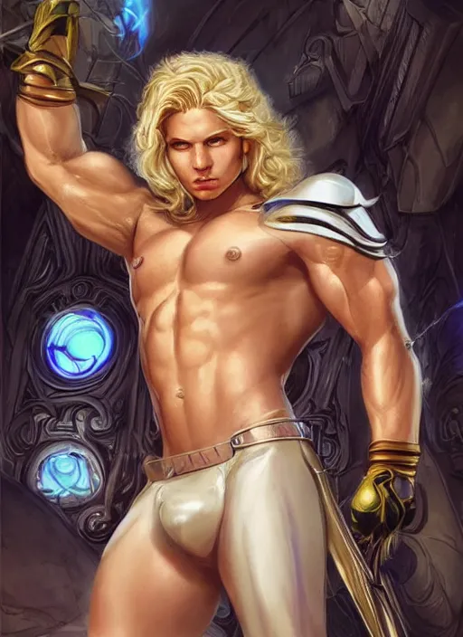 Image similar to handsome blond cyborg Lucius as a muscular angel handcuffed, pale androgynous young man with long fluffy blond curly hair, urban fantasy romance book cover, D&D!, fantasy style, sharp focus!, ultra detailed, art by Artgerm and Peter Andrew Jones, WLUP