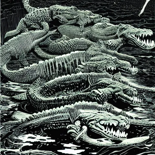 Prompt: battalion of tabby cats swimming to engage in battle with a giant crocodile black lagoon landscape psychedelic silkscreen poster “ bernie wrightson ”