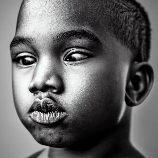 Image similar to the face of young kanye west at 1 0 years old, portrait by julia cameron, chiaroscuro lighting, shallow depth of field, 8 0 mm, f 1. 8