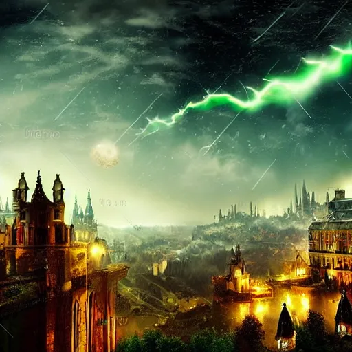 Prompt: sprawling view of gothic city under meteor rain, fantasy