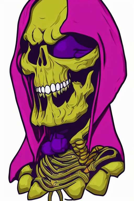 Image similar to A portrait of a skeletor that is a thug, sticker, colorful, illustration, highly detailed, smooth and clean vector curves, no jagged lines, vector art, smooth