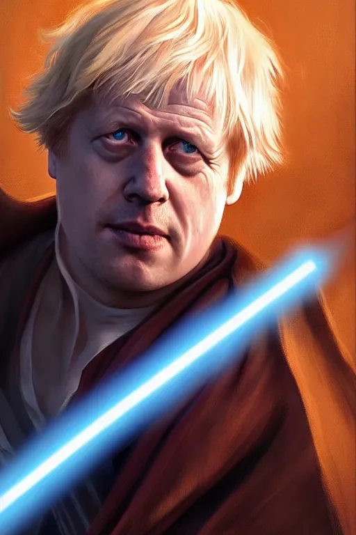 Image similar to Boris Johnson as a Jedi from Star Wars, blue light saber, realistic portrait, symmetrical, highly detailed, digital painting, artstation, concept art, smooth, sharp focus, illustration, cinematic lighting, art by artgerm and greg rutkowski and alphonse mucha