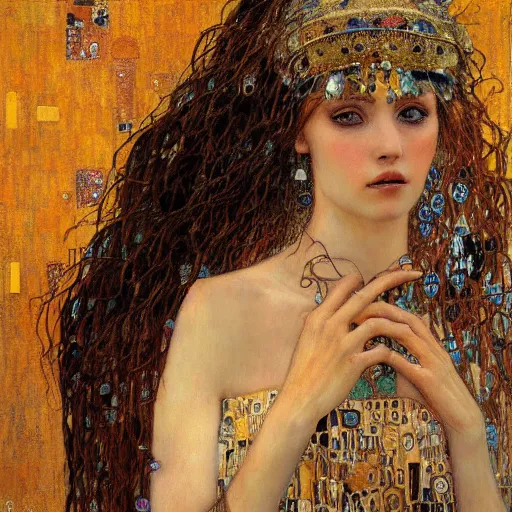 Image similar to seductive goddess in desert, intricate detail, klimt, royo, whealan,
