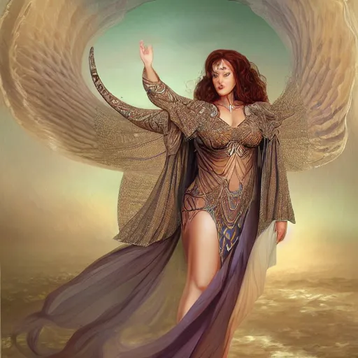 Image similar to a beautiful symmetrical plus size woman full body wearing algerian kaftan with translucent wings by alex gray and android jones , Karol Bak, Ayami Kojima, Amano , concept art, character design, fantasy,3D, 8k resolution