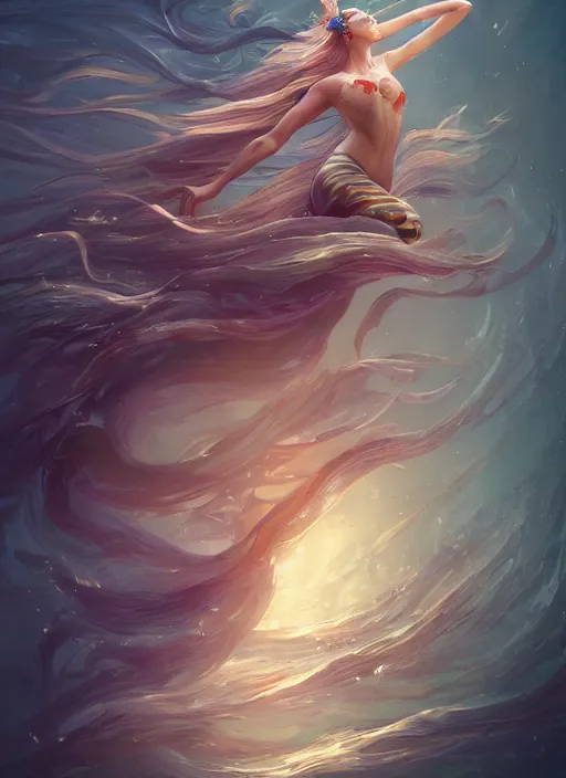 Image similar to high intricat fluid mermaids, maria panfilova, andrea savchenko, mike kime, ludovic plouffe, qi sheng luo, oliver cook, makoto shinkai, trending on artstation