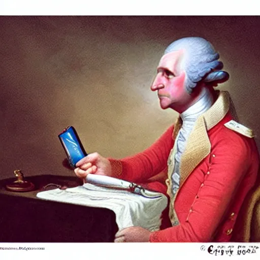Prompt: George Washington trying to use an iphone. Confused frustrated annoyed, dramatic photo