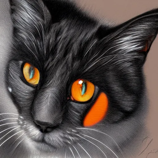 Image similar to an Hyper realistic artwork of a black orange-eyed cat by Jason de Graaf