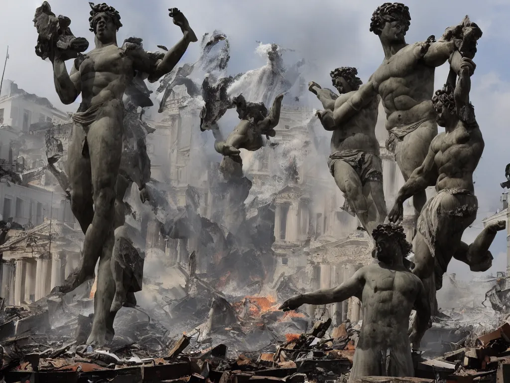 Image similar to giant greek statues attacking a city, ciry destruction ruins, debris flying around, swirls of fire