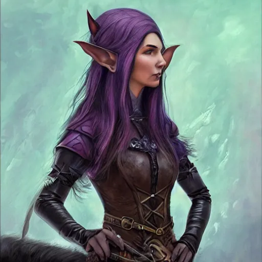 Prompt: oil painting a female medieval fantasy tolkien elf, dark purplish hair tucked behind ears, wearing leather with a fur lined collar, wide face, muscular build, scar across the nose, cinematic, character art, l, detailed.