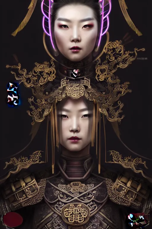 Prompt: beautiful and divine and luxury and evil and dieselpunklpunk three kingdom chinese female armor knight portrait+shinnyy eyes with light flowing hair, fighting in the chinese palace, ssci-fi, fantasy, neon light, fantasy, intricate complexity, human structure, human anatomy, hyperrealism 8k, art and illustration by tian zi and craig mullins and WLOP and alphonse mucha,