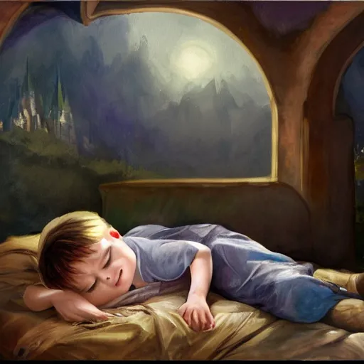 Prompt: an epic fantasy book style painting of a sleepy cute boy on his bed looking and smiling