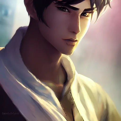 Image similar to detailed beautiful male character art of a protagonist, depth of field, on artists amino, artists reddit by sakimichan patreon, wlop, weibo high quality art on artstation