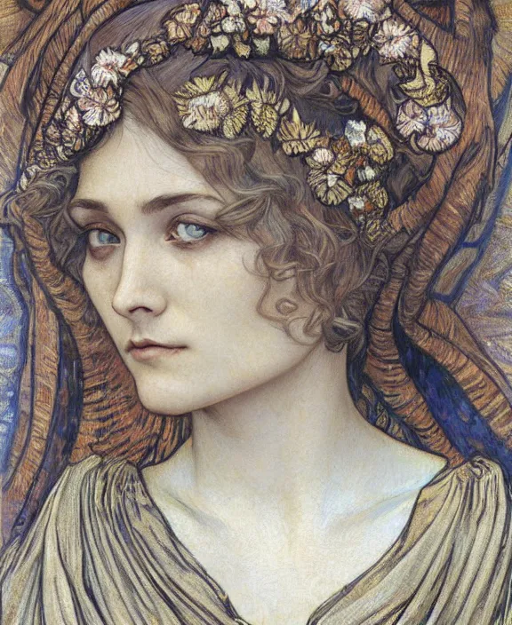 Image similar to detailed realistic beautiful young medieval queen face portrait by jean delville, alphonse mucha, vincent van gogh, and marco mazzoni, art nouveau, symbolist, visionary, gothic, pre - raphaelite