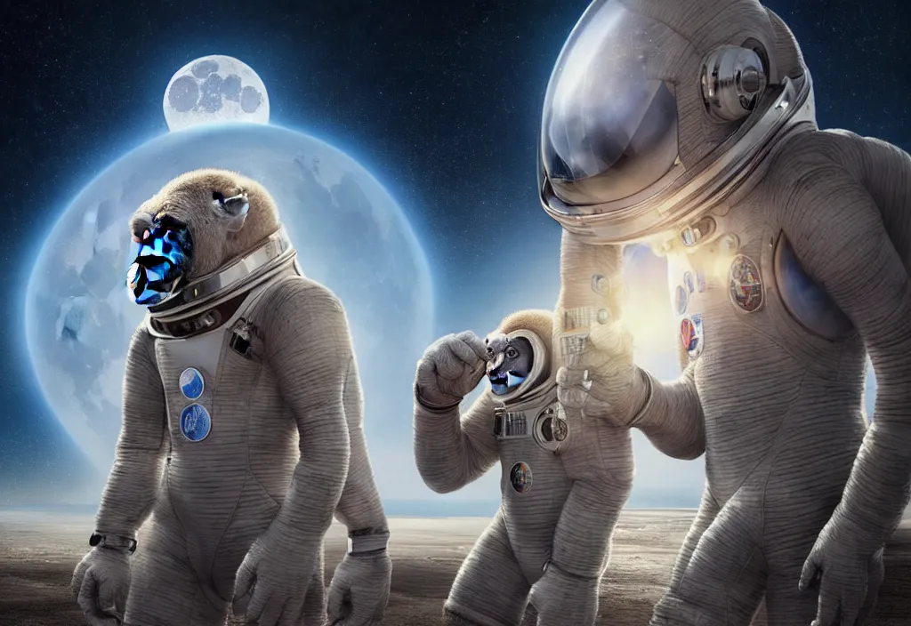 Prompt: hdr photography an ape wearing a full spacesuit!, in front of spacex rocket, full moon in the sky. cinematic, coherent portrait, intricate, elegant, highly detailed, digital photo, trending on artstation, hdr photo, smooth, sharp focus, illustration, art by artgerm and greg rutkowski and alphonse mucha