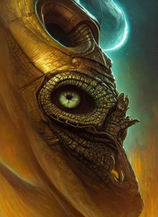Image similar to spaceship mf doom reptile eyes, cosmic horror, intricate, elegant, highly detailed, centered, digital painting, artstation, concept art, smooth, sharp focus, illustration, artgerm, tomasz alen kopera, peter mohrbacher, donato giancola, joseph christian leyendecker, wlop, frank frazetta