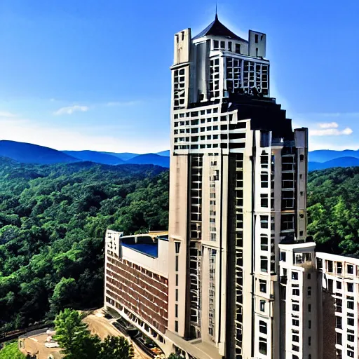 Prompt: 1 0 0 0 foot tall hotel above the asheville, nc skyline