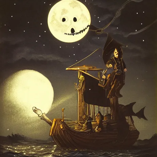 Image similar to a giant anglerfish luring a pirate standing on a ship in the night with a full moon