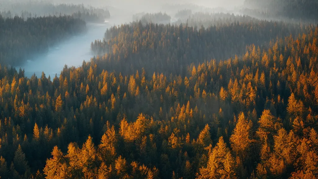 Image similar to beautiful view of a forest from a mountain, river, mountain in the background, misty, golden hour, trending on Artstation, octane render, unreal engine, visually stunning, award winning