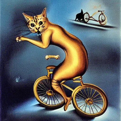 Image similar to a cat riding a bicycle, painting by salvador dali