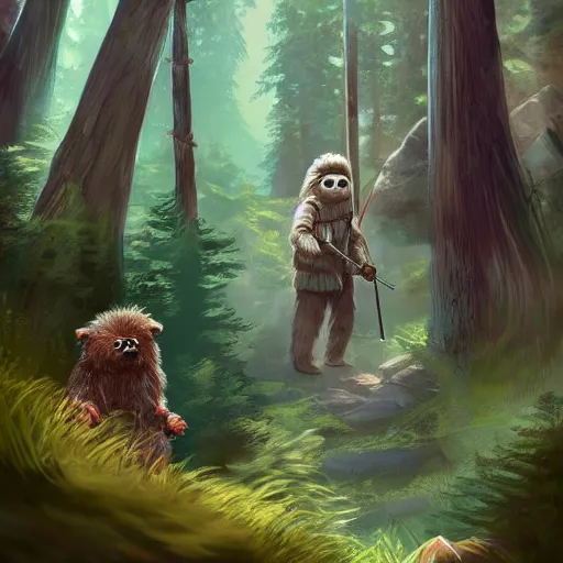 Image similar to adventurous ewok hiking up hills through the tall wooded forest, artstation, colorful