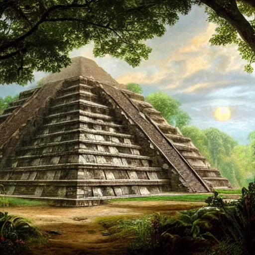 Prompt: a beautiful and highly detailed matte painting of a mayan pyramid ruin in a lush forest, intricate details, epic scale, insanely complex, 8 k, sharp focus, hyperrealism, by caspar friedrich,