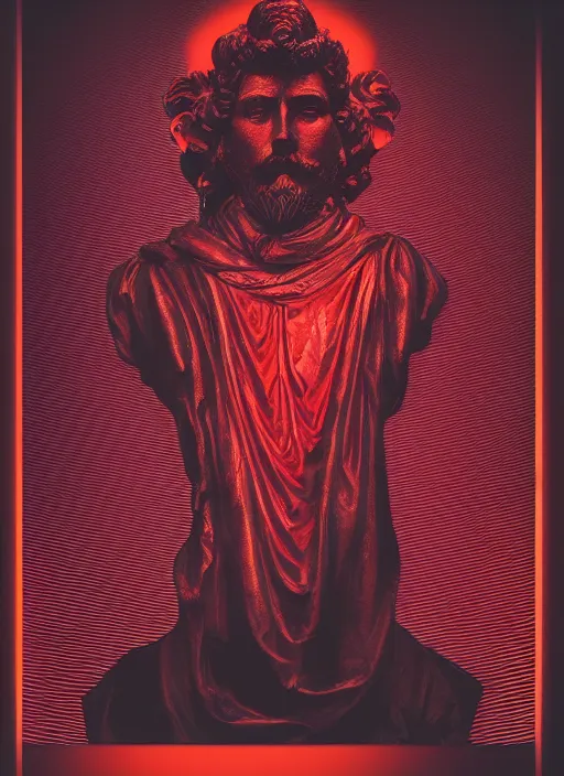 Image similar to dark design poster showing a statue of marcus aurelius, black background with very subtle red and purple design elements, powerful, nekro, vito acconci, thin straight lines, dark, glitch art, neo vaporwave, gritty, layout frame, square, trending on artstation