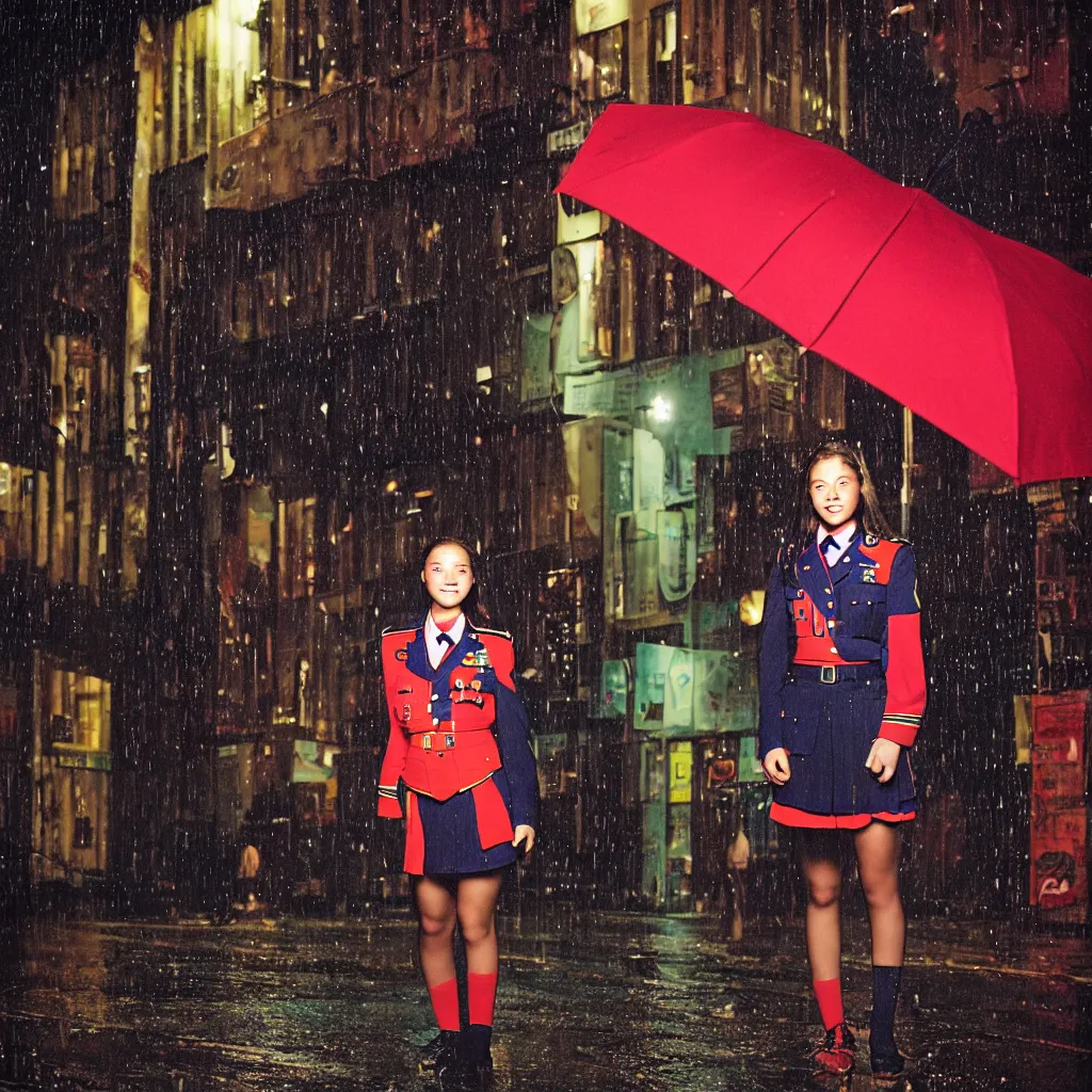 Image similar to night flash portrait photography of a high school girl in uniform on the lower east side by annie leibovitz, colorful, nighttime!, raining!