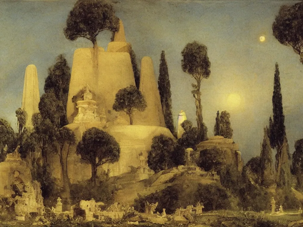 Prompt: Buddhist ruins, stupa surrounded by the panthers at night. Starry sky, cypresses in the wind. Birds. Painting by Arnold Bocklin, Turner.