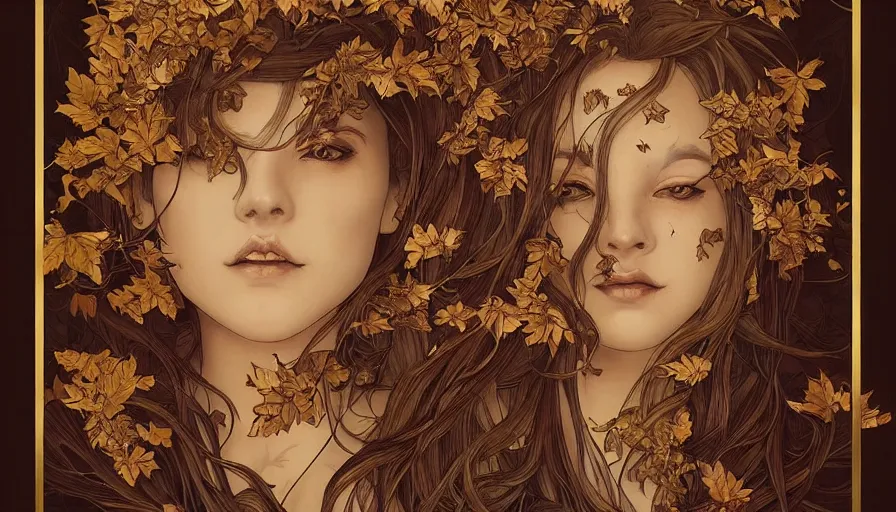 Image similar to golden leaves at frame border, creative!!! composition for a book cover!!!, absurdly beautiful, ultrafine hyperrealistic detailed old!! witch face by wlop and artgerm and alphonse mucha, intricate linework, sharp focus, smooth, octopath traveler, final fantasy, unreal engine, dramatic lighting, ethereal, 8 k