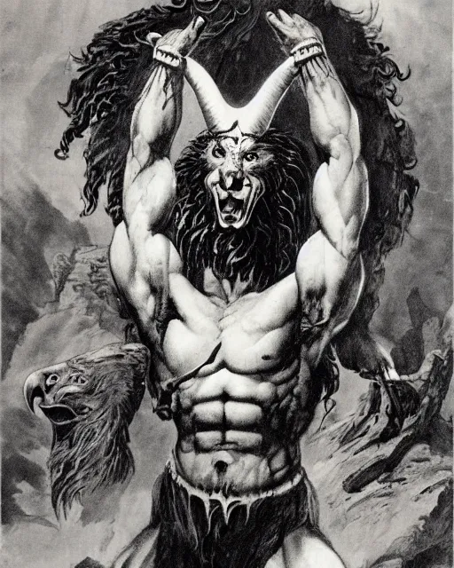 Prompt: human / eagle / lion / ox hybrid with two horns, one big beak, mane, human body. drawn by frank frazetta