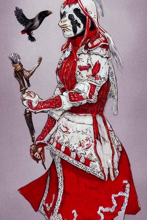 Image similar to female adventurer in tight full - body white embroidered leather armor of ukrainian vyshyvanka design with red accents and a red porcelain crow mask, trending in artstation, ukrainian, artstation, big moon in the background, establishing shot