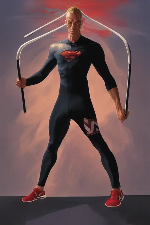 Image similar to zoomed out view of a very skinny white man super villain that wears a red adidas track suit and wields two oars as weapons, comic book art by artgerm and alex ross, featured on artstation, cgsociety