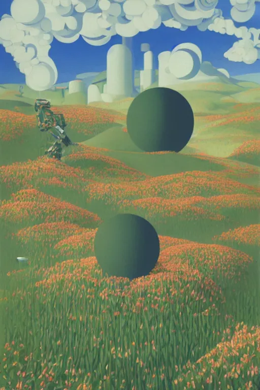 Image similar to giant mecha robot with laser, blooming hills with spring flowers and pillars by helen lundeberg