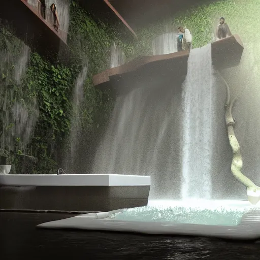 Prompt: a waterfall falls inside a bathtub, digital painting, high contrast, unreal engine render, volumetric lighting, high détail