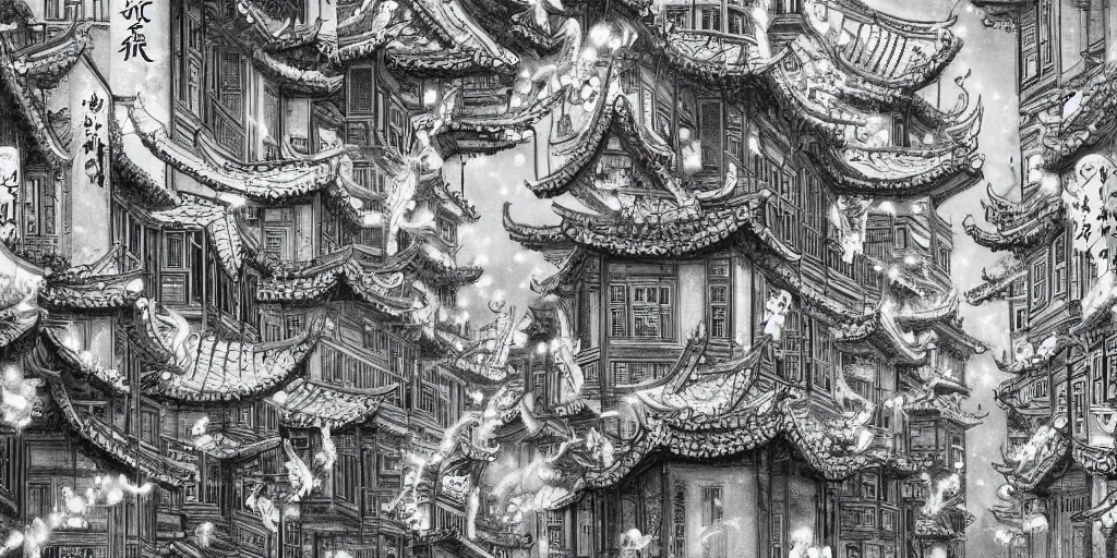 Prompt: Chinese white dragon flies at us over an ancient Chinese street at night in the moonlight, the street is lit with Chinese lanterns, illustration, artstation