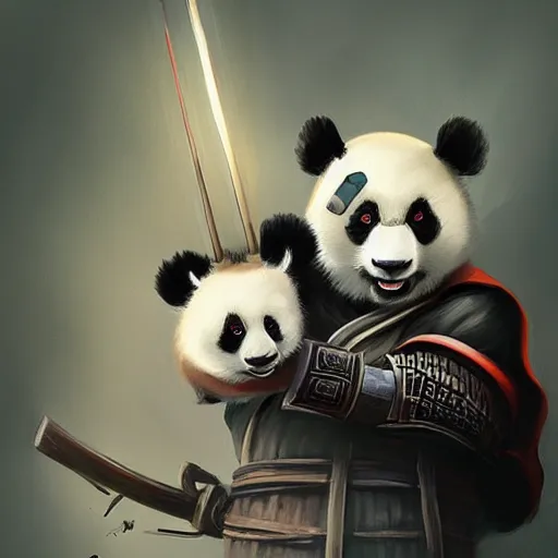 Image similar to panda as an samurai, backround dark, highly detailed, digital illustration, trending in artstation, modern painting, smooth, sharp focus, intricate, by peter mohrbacher