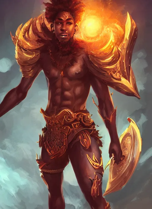 Image similar to a highly detailed illustration of attractive young african fire god with short hair, heroic jumping pose, intricate, elegant, highly detailed, centered, digital painting, artstation, concept art, smooth, sharp focus, league of legends concept art, wlop