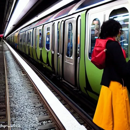 Prompt: people of rer b, subway, vivid atmosphere, happy mood