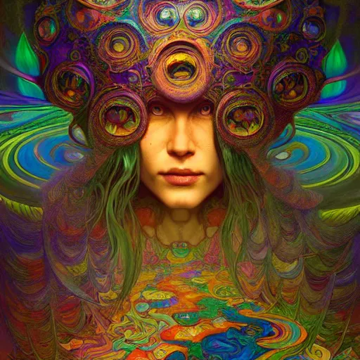 Image similar to An extremely colorful psychedelic experience, warping time and space, magic mushrooms, psilocybin, LSD, face, detailed, intricate, elegant, highly detailed, digital painting, artstation, concept art, smooth, sharp focus, illustration, art by Krenz Cushart and Artem Demura and alphonse mucha