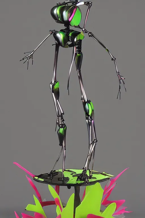 Prompt: a slim anime robot with fluo color detail, and muted arm colors, that looks like a insect, on top of a painting of plastic synthetic ionized metal flower sculptures