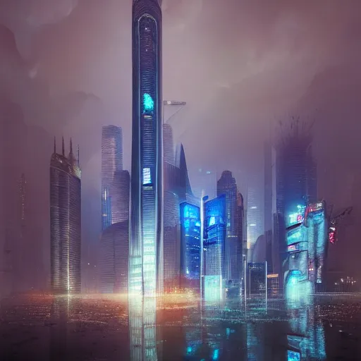 Image similar to cyberpunk shanghai lujiazui in the night seen from below, cityscape, mist, rain, artstation, greg rutkowski, hq