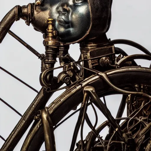 Prompt: close up portrait of a life size victorian steampunk automaton standing in with a bicycle, 8 k, soft lighting, highly detailed realistic, face in focus 1 8 9 0's liminal