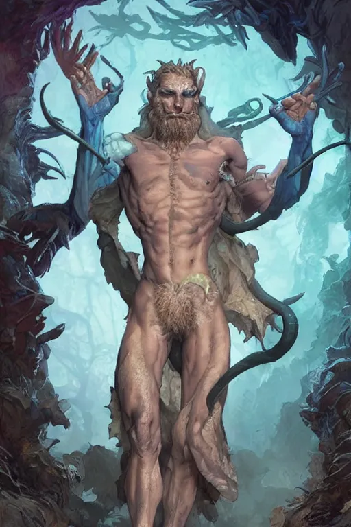 Image similar to portrait of the endgroup satyr wizard wearing lighthunt (carapace) by artgerm and Craig Mullins, James Jean, Andrey Ryabovichev, Mark Simonetti and Peter Morbacher 16k