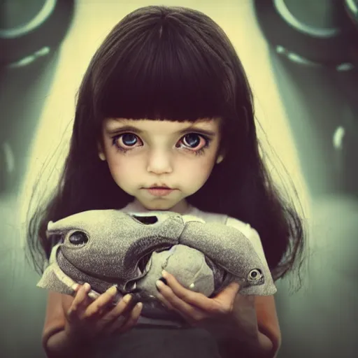 Prompt: a little alien girl with big sad black eyes and dark hair holds a doll in her hands, bangs cover half of her face, sci - fi, 3 d, mysterious atmosphere, photorealistic, ultra - details