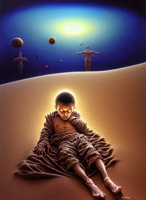 Prompt: realistic detailed image of a little sick boy on the hospital bed in a huge sand desert. a !!thin stream of sand!!! falls from the sky in to eternity of outer space. by Ayami Kojima, Amano, Karol Bak, Greg Hildebrandt, and Mark Brooks, Neo-Gothic, gothic, rich deep colors. Beksinski painting, part by Adrian Ghenie and Gerhard Richter. art by Takato Yamamoto. masterpiece